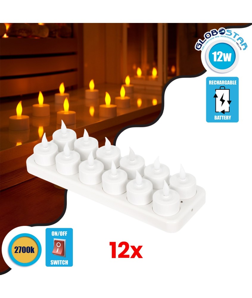 GloboStar® 79565 ΣΕΤ 12 Διακοσμητικών Realistic Κεριών με LED Εφέ Κινούμενης Φλόγας - με Ενσωματωμένη Μπαταρία - Επαναφορτιζόμενα & Βάση Φόρτισης Θερμό Λευκό 2700K